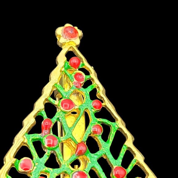 Vintage Gold-Tone Enamel Open-work Christmas Tree Brooch Red & Green Accents - Picture 3 of 5